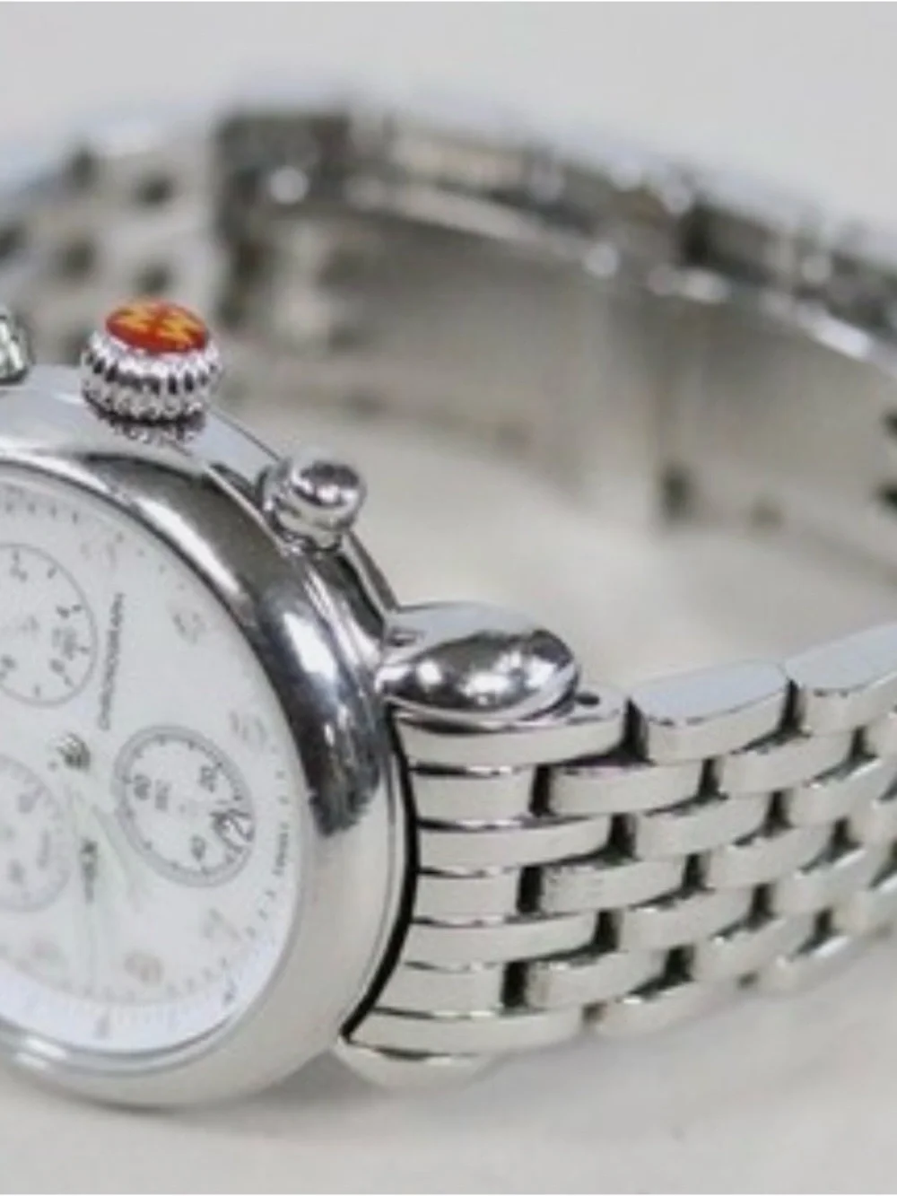 Michele CSX Stainless Steel Chronograph Watch - White Dial with Red Logo